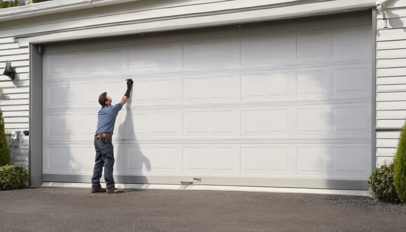 Independent garage door provider checking a torsion spring above a residential garage door in the Fort Worth area